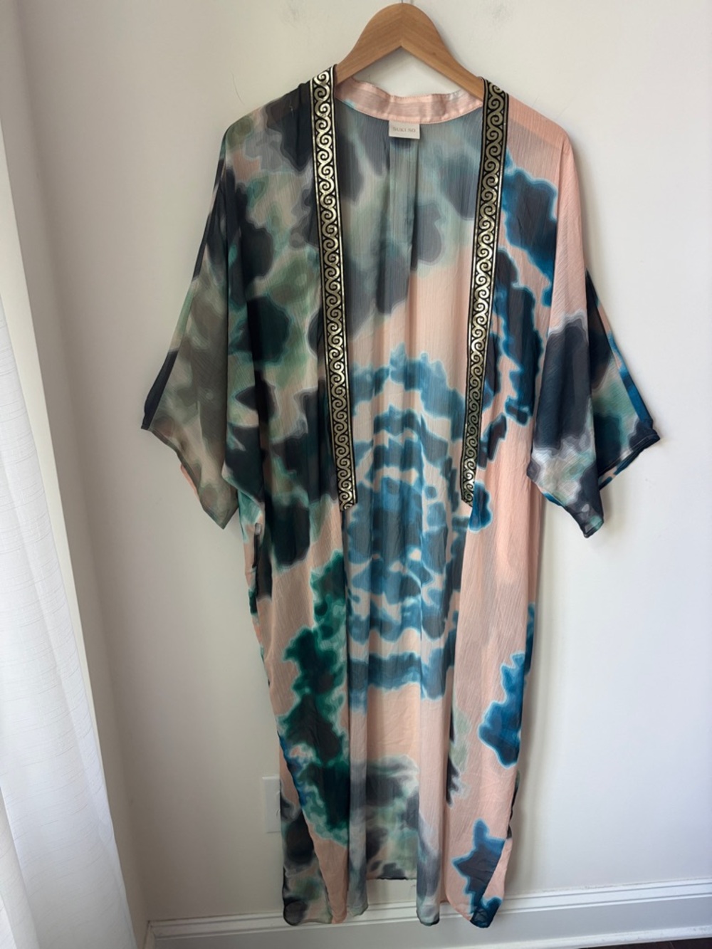 Suki So Tie Dye Greek Key Kimono Swim Coverup Boho Flowy Sheer Beachy One Size